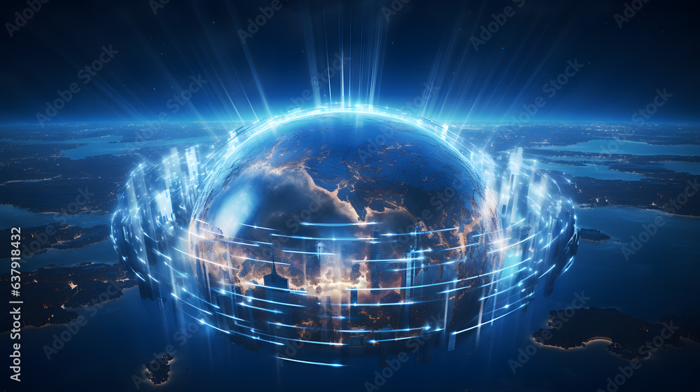 A blue earth background with futuristic technology, global connect everywhere concept, metaverse technology network digital communication and worldwide network, 3d illustration - obrazy, fototapety, plakaty 