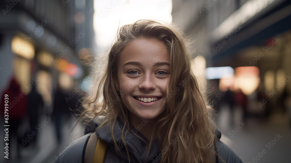 Amid the city's dynamic backdrop a teenager's face lights up with unbridled happiness capturing the essence of their youthful spirit as they navigate the urban landscape. Amid the city's dynamic backdrop a teenager's face lights up with unbridled happiness capturing the essence of their youthful spirit as they navigate the urban landscape.