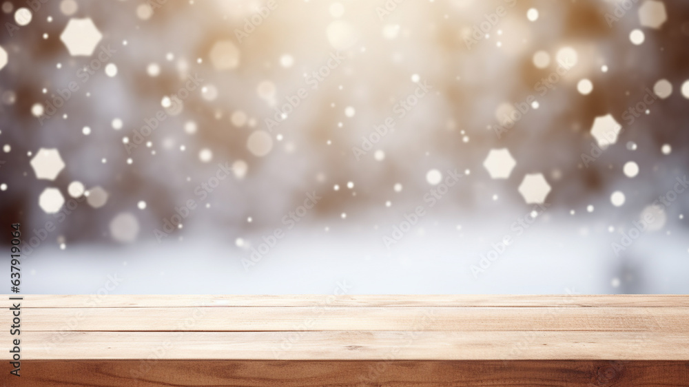 empty wooden board table with blur snow falling background for festive Christmas holiday and winter product advertisement empty wooden board table with blur snow falling background for festive Christmas holiday and winter product advertisement