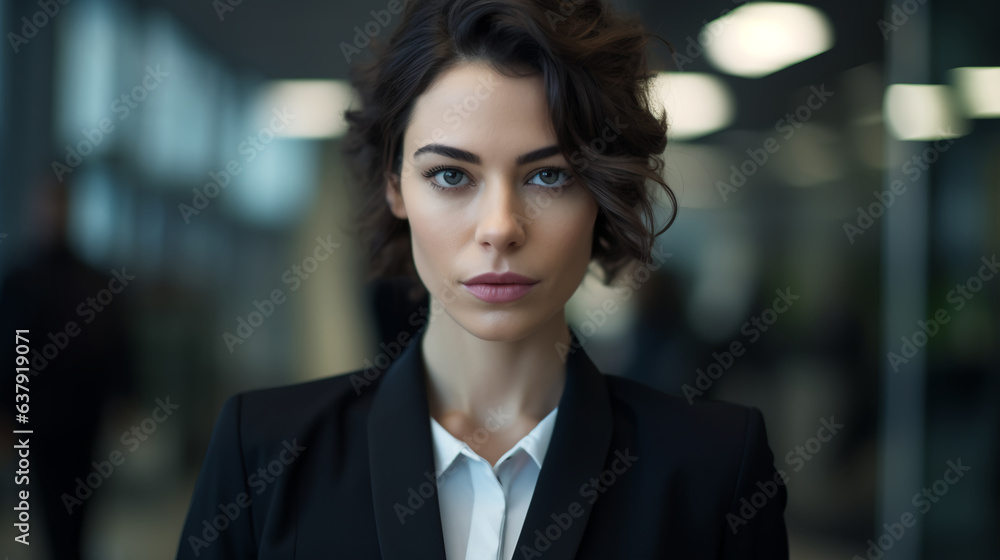 A successful businesswoman in a sleek suit radiating professionalism and innovation as she gazes forward A successful businesswoman in a sleek suit radiating professionalism and innovation as she gazes forward