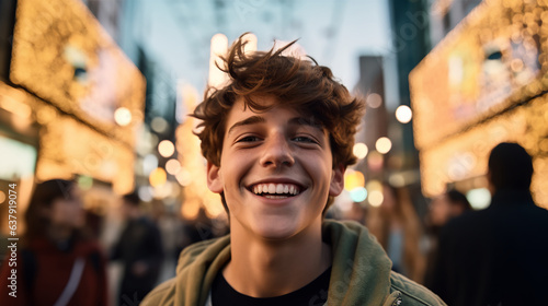 A teenager's face aglow with mirth perfectly mirrors the vibrant cityscape behind them as they revel in the moment with an unabashed and contagious smile.  photo