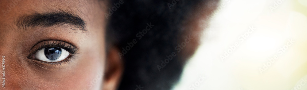 Eyes, mockup and portrait of African woman with copy space for focus, thinking and vision. Banner, lens flare and closeup of half face of person looking for perception, awareness and intense stare Eyes, mockup and portrait of African woman with copy space for focus, thinking and vision. Banner, lens flare and closeup of half face of person looking for perception, awareness and intense stare