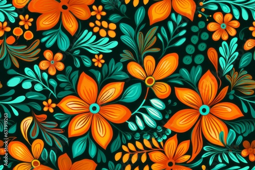 Orange and green floral pattern. Beautiful illustration picture. Generative AI