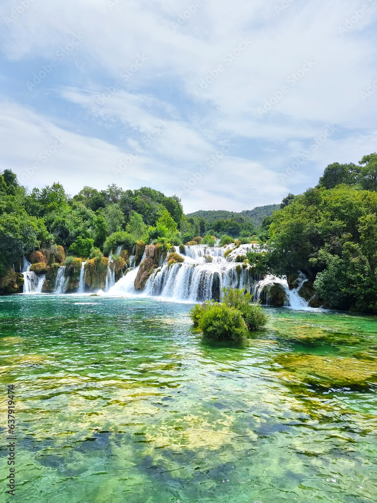 Fototapeta premium Gorgeous summer view of Krka National Park, Roski Slap location, Croatia, Europe. Beautiful world of Mediterranean countries. Traveling concept background.
