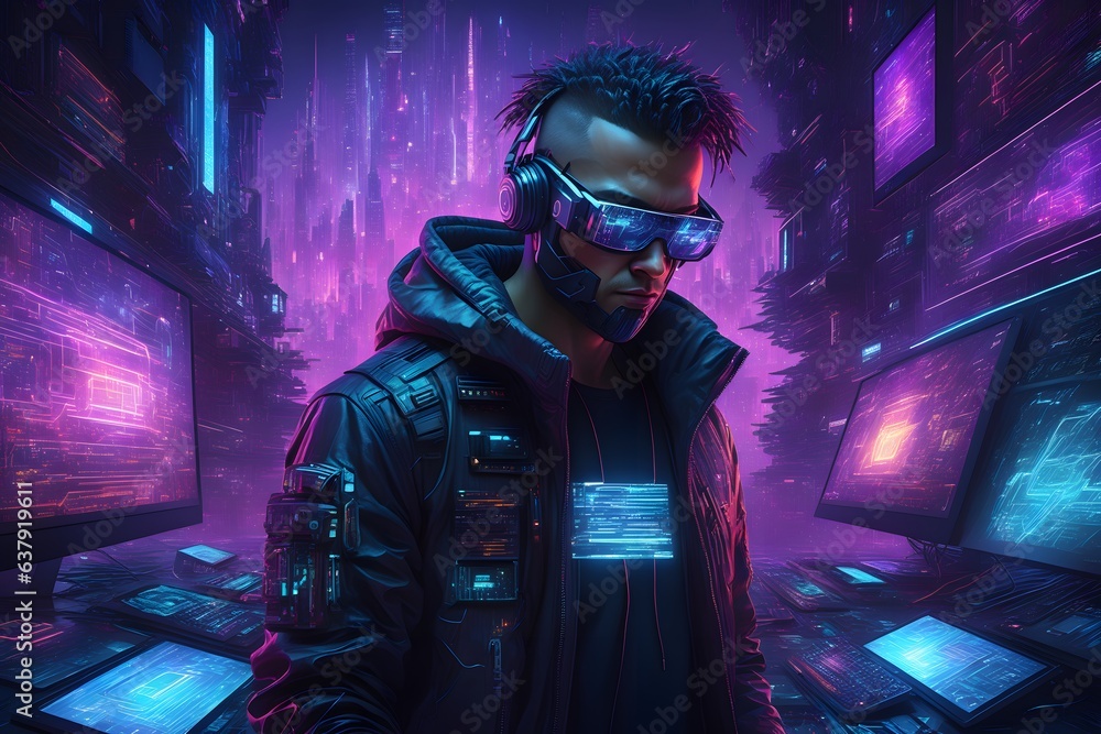 A cyberpunk hacker located in a futuristic setting, surrounded by holographic interfaces and intricate lines of code. A cyberpunk hacker located in a futuristic setting, surrounded by holographic interfaces and intricate lines of code.