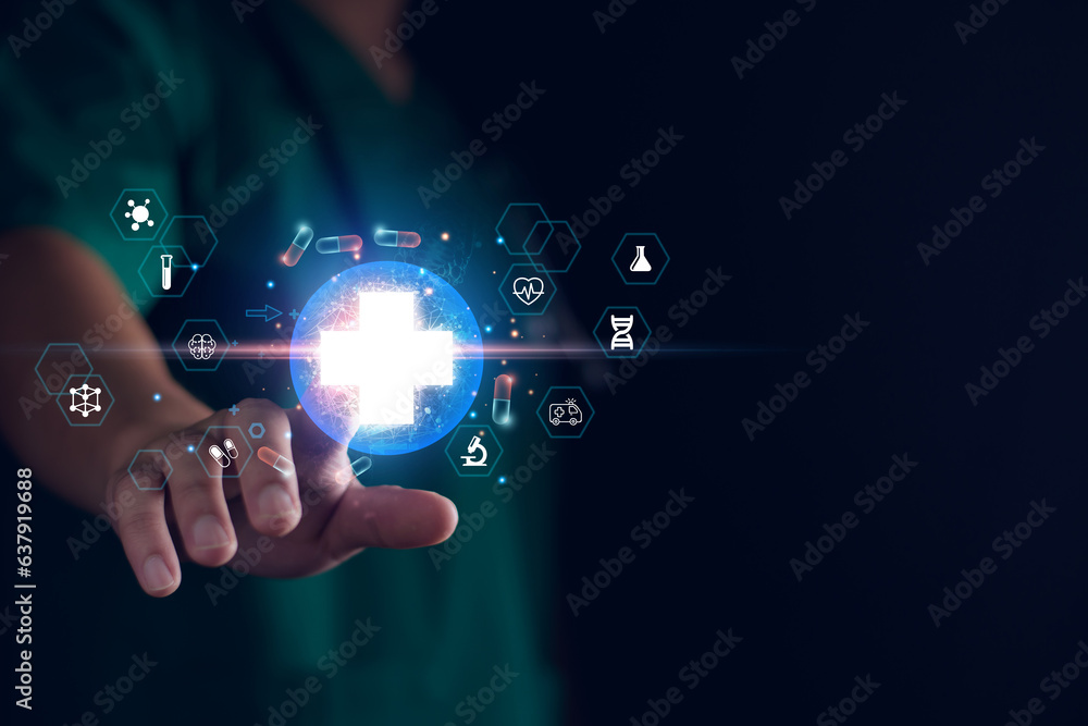 Medicine doctor touching medical global network, Computing electronic medical record. DNA. Digital healthcare and network connection on virtual interface, medical technology and innovation concept