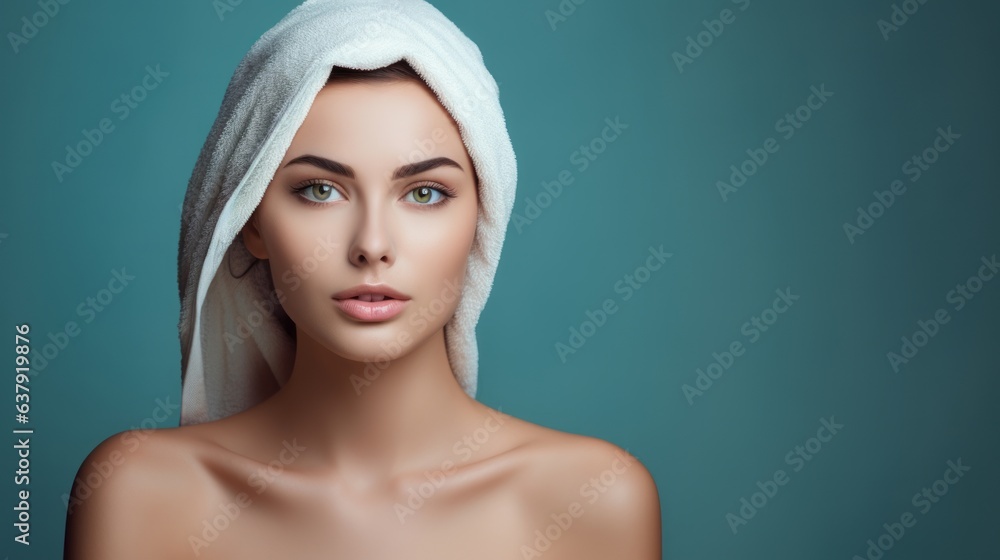 Against blue background. Attractive woman in towel on the head. Beautiful illustration picture. Generative AI Against blue background. Attractive woman in towel on the head. Beautiful illustration picture. Generative AI
