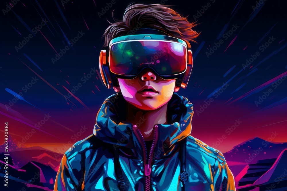 Boy in virtual reality glasses, neon colors. Beautiful illustration picture. Generative AI Boy in virtual reality glasses, neon colors. Beautiful illustration picture. Generative AI