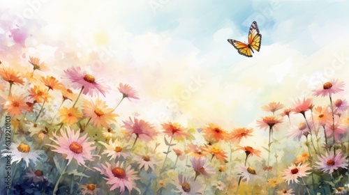 Botanical garden with butterflies. Beautiful illustration picture. Generative AI © standret