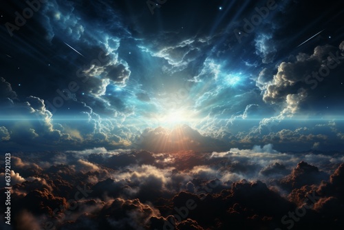 Bright ascension in the blue sky. Beautiful illustration picture. Generative AI