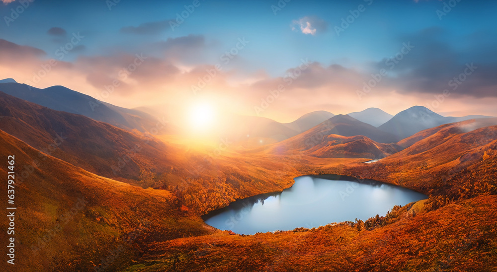 perfect fairytale landscape with a big lake in autumn