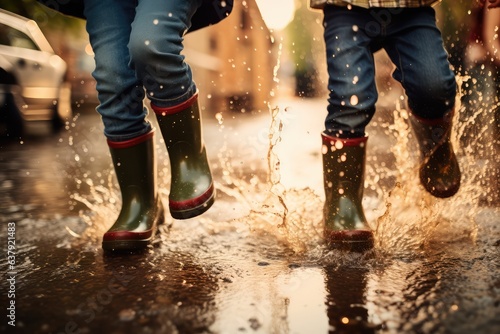 Legs of children jumping over puddles in rain boots