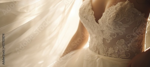 Beautiful bride in wedding gown in sunlight. Generative AI photo