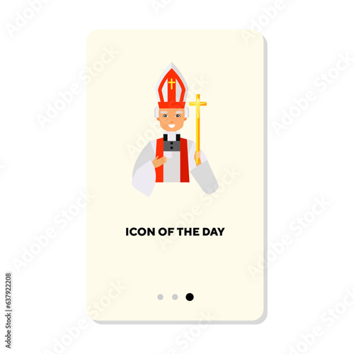 Catholic bishop on white background. Christianity cartoon illustration. Culture and religion concept. Vector illustration symbol elements for web design and apps