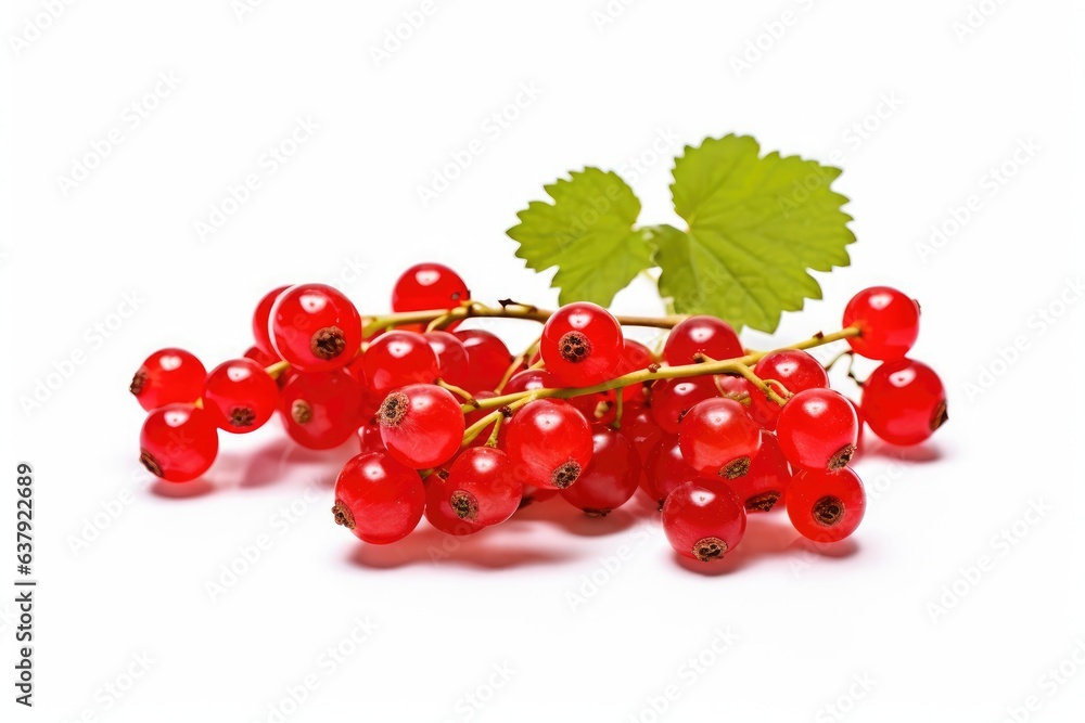 Ripe fresh red currants with green leaves isolated on white background, close-up. Ripe fresh red currants with green leaves isolated on white background, close-up.