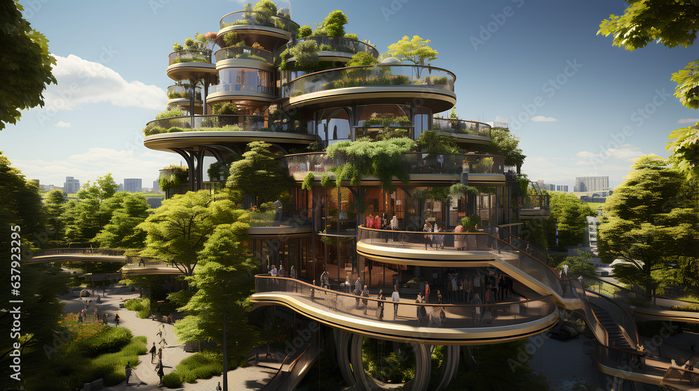 3D render of a building in a park with trees and people