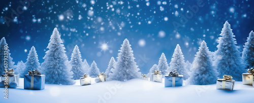 selective focus.luxury gift box present on snow falling with landscape pine tree.christmas celebration and happy new year © Limitless Visions