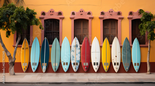 Colorful surfboards on the wall of a building