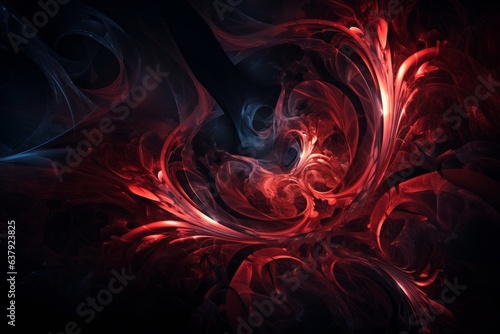 A vibrant abstract artwork with swirling red and black colors