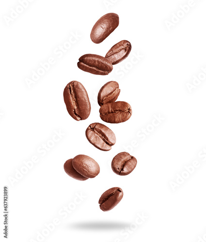 Falling coffee beans close up on a transparent background