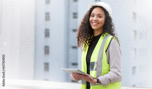 Engineering, tablet and portrait of a woman outdoor for planning, search or communication. Engineer person with tech in city for building construction, management or maintenance and inspection space