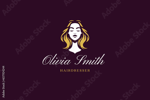 Stylish blonde woman portrait beauty silhouette minimal logo design template vector flat