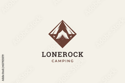 Camping tent with mountain hiking tourism geometric retro logo design template vector flat