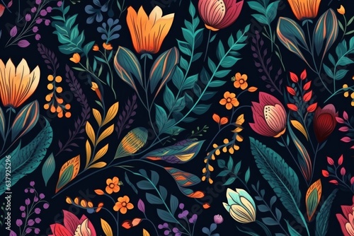 Colorful flowers and leaves on a black background