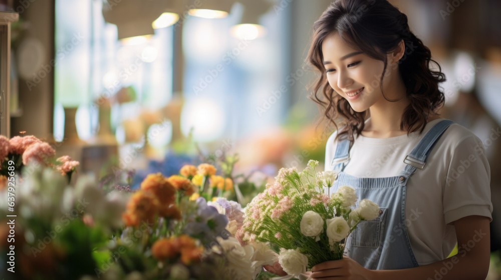 Female florist in her store picking flowers, asian woman working in a romantic soft focus and ethereal light