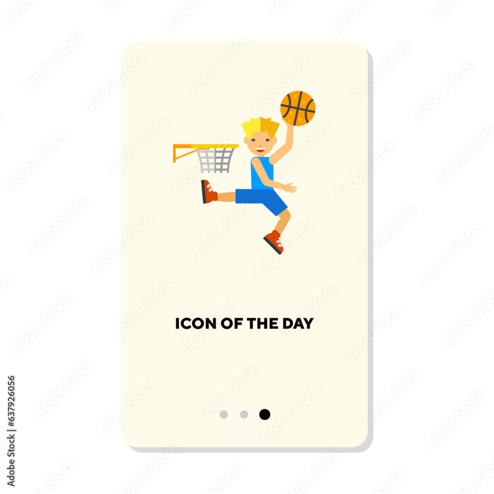 Basketball young player flat vector icon. Young sportsman with ball playing basketball isolated. Basketball concept. Vector illustration symbol elements for web design