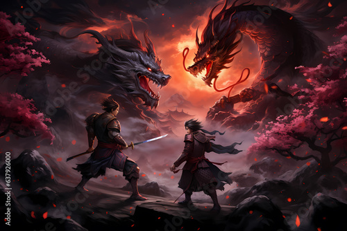 dragons versus samurai, fight, japan, sakura, fall, night, creative fantasy, digital art