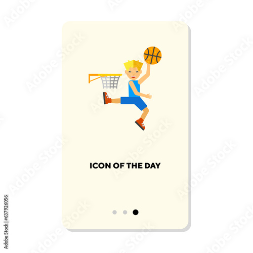 Basketball young player flat vector icon. Young sportsman with ball playing basketball isolated. Basketball concept. Vector illustration symbol elements for web design