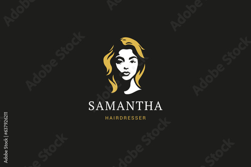 Gentle beautiful blonde woman portrait silhouette retro logo design template coiffure vector flat