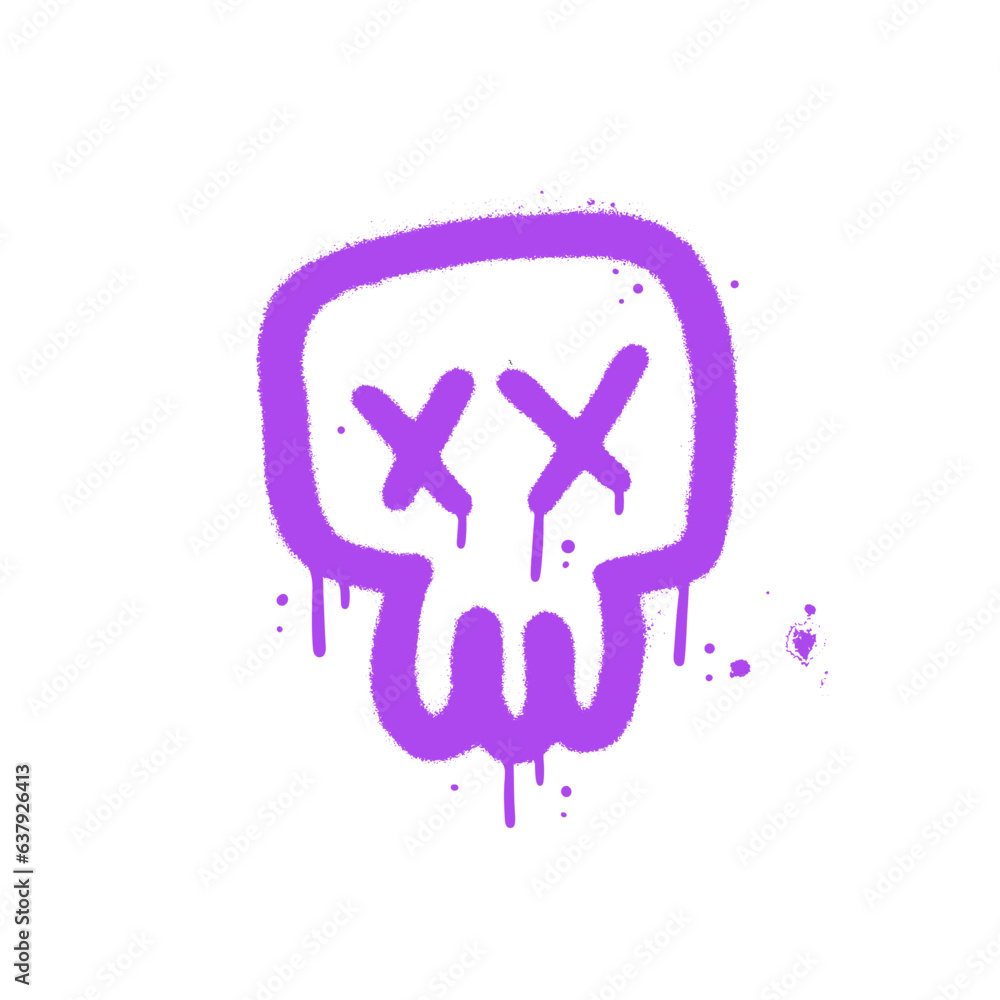 Urban Graffiti emoji skull sprayed in purple on white with paint drops, splashes and leaks. Airbrush textured vector illustration for Halloween.