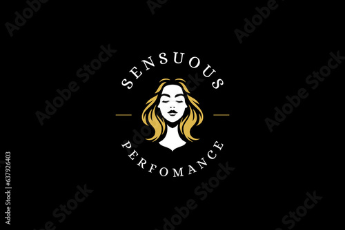 Gorgeous fashion blonde female face with golden hair retro logo design template beauty vector flat