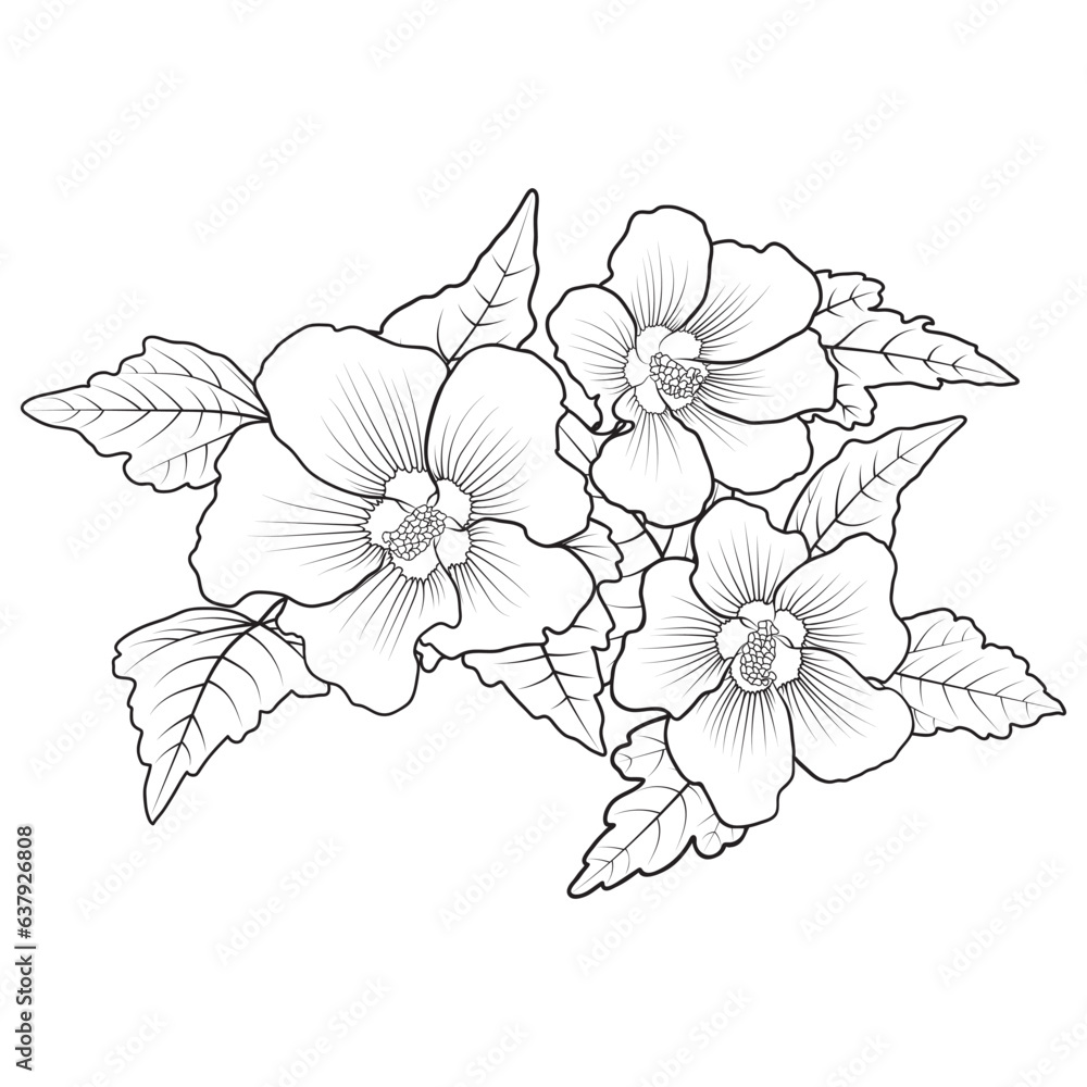 Fototapeta premium Hardy hibiscus syriacus. Line art perennial hibiscus flower coloring page vector