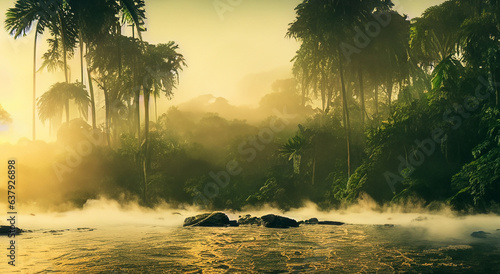 beautiful amazon river with mist in a beautiful sunrise photo