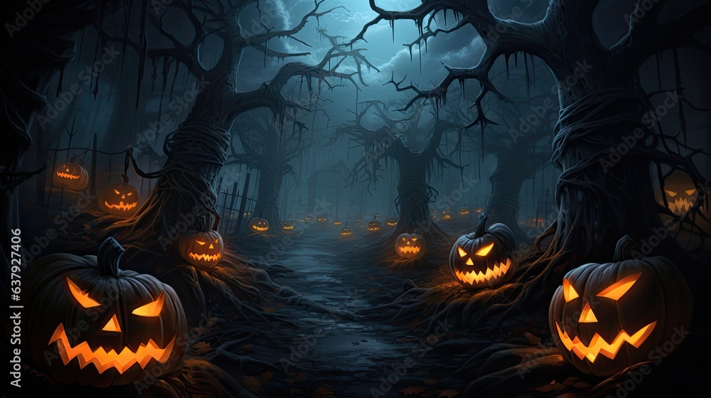 A sinister pumpkin patch with carved jack-o'-lanterns, their grins casting an unsettling glow - Generative ai