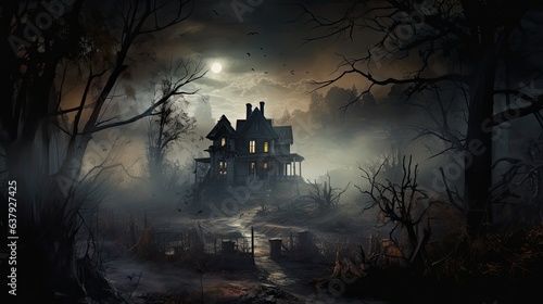 A spooky haunted house enveloped in mist, with eerie moonlight casting long shadows - Generative ai