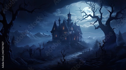 A spooky haunted house enveloped in mist, with eerie moonlight casting long shadows - Generative ai