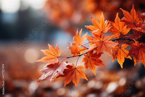 Beautiful maple leaves in autumn sunny day in foreground and blurry background  shallow depth of field. Seasonal background. generative AI