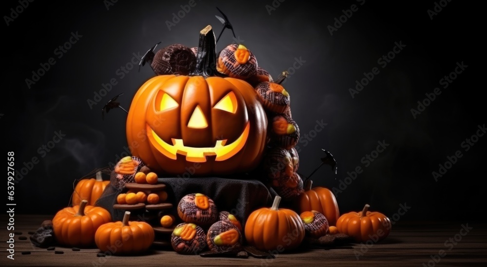 A halloween pumpkin sitting on top of a pile of candy A halloween pumpkin sitting on top of a pile of candy