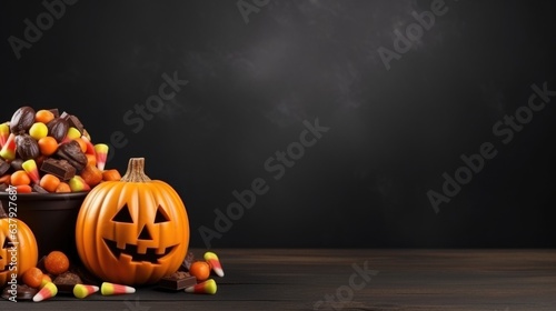 A pile of halloween candy sitting on top of a wooden table