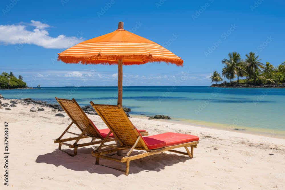 A tropical beach. A pair of wooden lounge chairs with red cushions and an orange umbrella. The chairs and umbrella are on a white sandy beach, blue sky, palm trees, relaxing