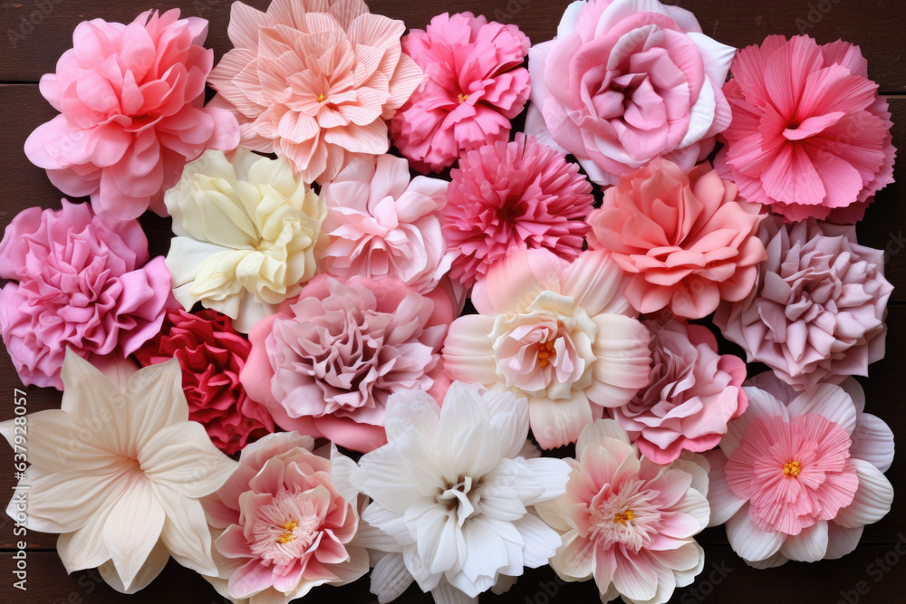 A collection of pink, red, and white flowers. The flowers are arranged in a flat lay style on a dark wooden background