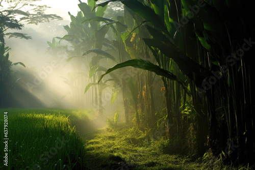 A misty jungle tall  green banana trees on the right side. The trees have large  broad leaves and are densely packed together