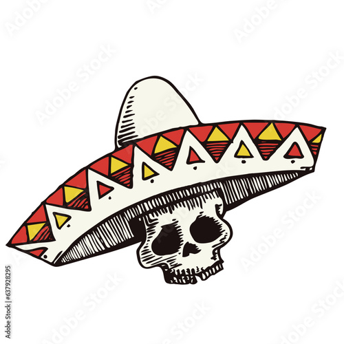 Mexican skull in sombrero drawing vector illustration