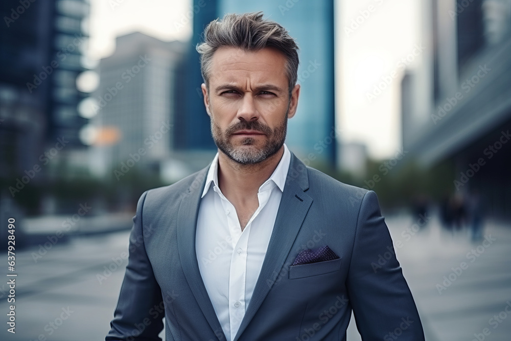 Portrait of a 40 years old man, light unshaven, casual business style with suit shirt but no tie , modern city background Portrait of a 40 years old man, light unshaven, casual business style with suit shirt but no tie , modern city background