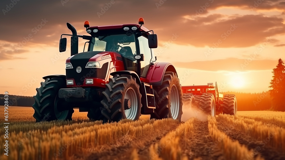 Tractor driving on the field at sunset Tractor driving on the field at sunset