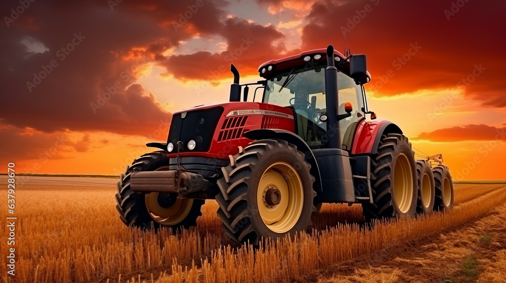 Fototapeta premium Tractor driving on the field at sunset